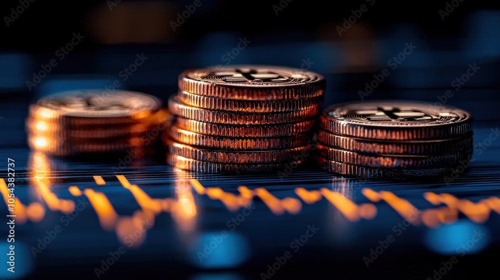 Poster Stacked Golden Bitcoin Coins on a Blue Background with Orange Lines