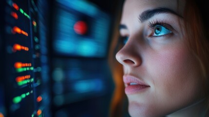 A young woman is focused on the glowing digital data displayed on multiple screens in a dimly lit room. Her expression shows concentration as she processes information late at night