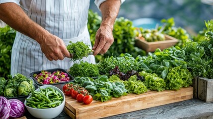 A chef skillfully hands out fresh greens while surrounded by an abundance of vegetables, highlighting the beauty of nature and culinary art in an outdoor garden