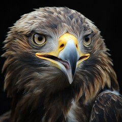 Obraz premium Close-up of a majestic eagle's face with intense gaze, showcasing intricate feather details and sharp beak.