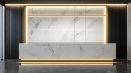 A stylish reception area showcases a sleek marble counter illuminated by soft lighting, creating an inviting atmosphere in a contemporary office environment