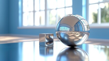 A Shiny Sphere and Cube Reflecting a Window View