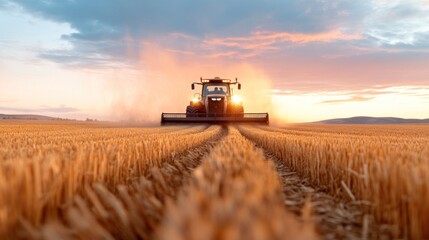 Fototapeta premium A tractor efficiently harvests golden wheat, leaving behind neat rows in a sprawling field. The beautiful sunset casts a warm glow across the landscape, enhancing the agricultural scenery
