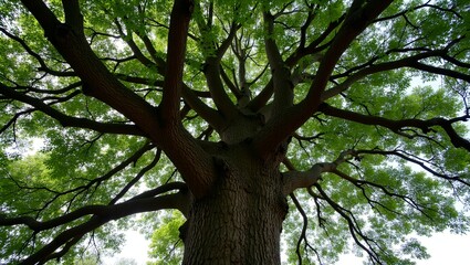 Obraz premium Majestic oak tree with sprawling branches gnarled trunk and lush green canopy