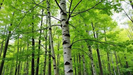 Fototapeta premium Tall birch tree with peeling white bark and black stripes in a forest with green leaves