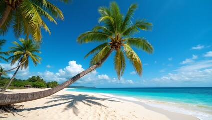 Obraz premium Tropical beach with coconut palm tree casting shadows on sand
