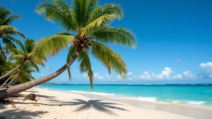 Fototapeta premium Tropical beach with coconut palm tree casting shadows on sand