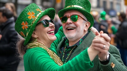 A couple in their 60s wearing green and shamrock hats dance together with smiles on their faces during a St. Patrick's Day celebration.