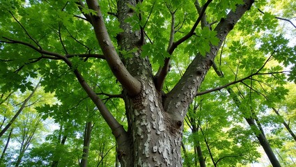 Fototapeta premium Sycamore tree with mottled bark dense green canopy and sunlight filtering through