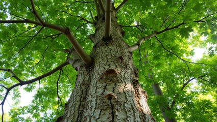Sycamore tree with mottled bark dense green canopy and sunlight filtering through
