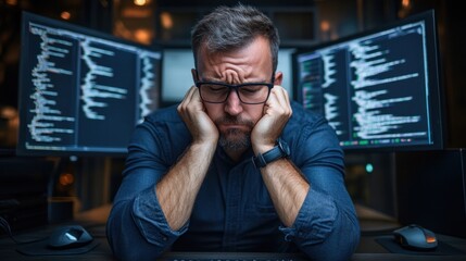 IT workers sitting in silence after a major server crash, pressure and stress of managing critical technical issues