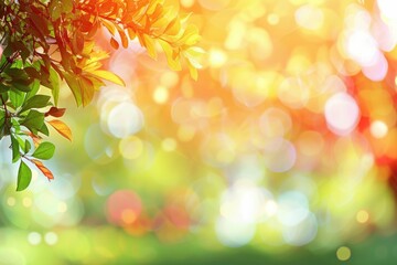 Fototapeta premium Green leaves and bokeh background creating a tranquil nature scene.