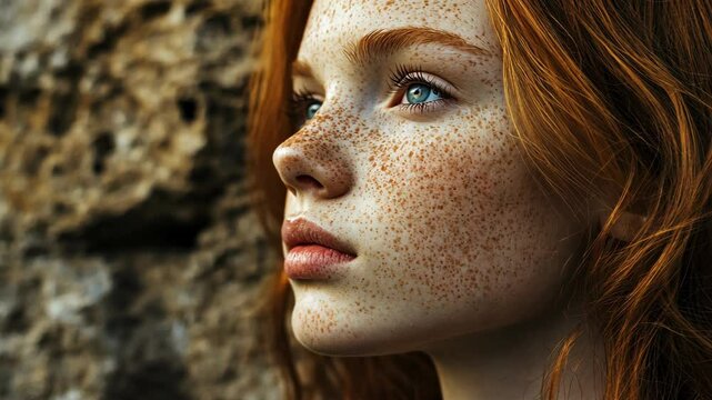 A young woman with red hair and freckles looks off into the distance, her expression thoughtful and serene