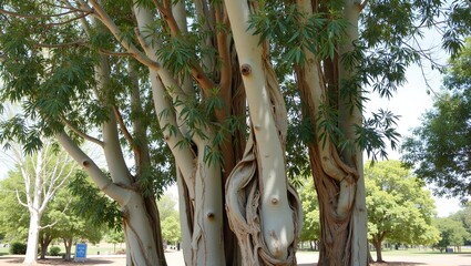 Eucalyptus tree with twisting trunk and peeling bark in sunlit area