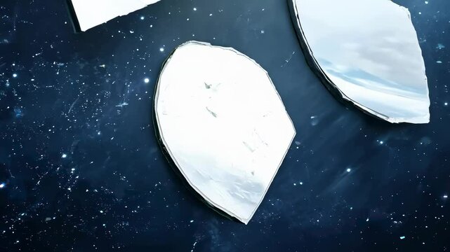 Pieces of a shattered mirror floating in space, gradually coming back together in an abstract and incomplete form. Abstract design, pattern, texture.