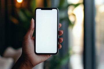 Female black hand holding phone with a white blank screen to camera, indoors scene mockup