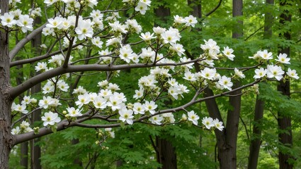 Obraz premium Flowering dogwood tree with white blossoms in green forest setting