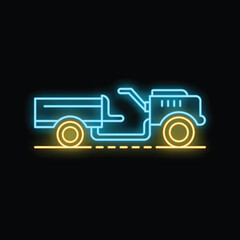 Blue and yellow neon icon of a dumper truck moving on the road at night