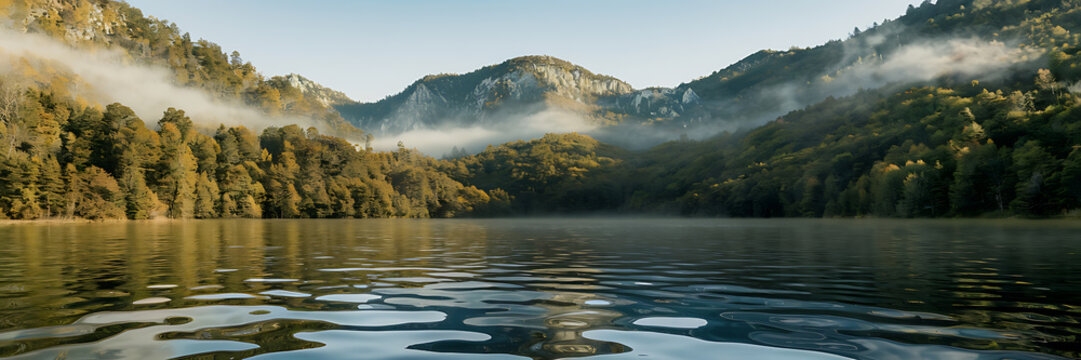 Serene misty lake with green trees and gray mountains  reflecting the tranquility of nature   