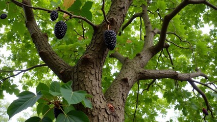 Fototapeta premium Majestic mulberry tree with ripening berries and twisted trunk