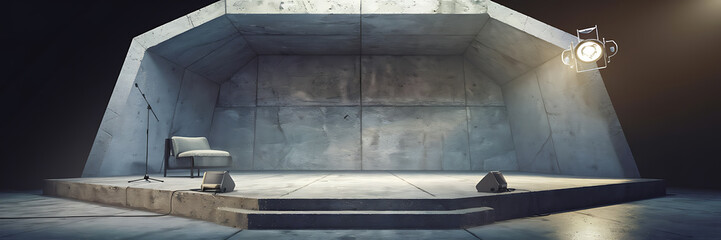 Concrete stage with a spotlight and a chair  grey and black  minimalist  a performance space  anticipation and excitement   