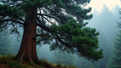 Obraz premium Enchanting Scotch pine tree in misty forest with sunlight beams