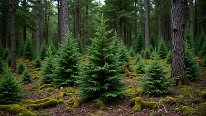 Fototapeta premium Majestic black spruce tree in dense forest setting with moss covered forest floor
