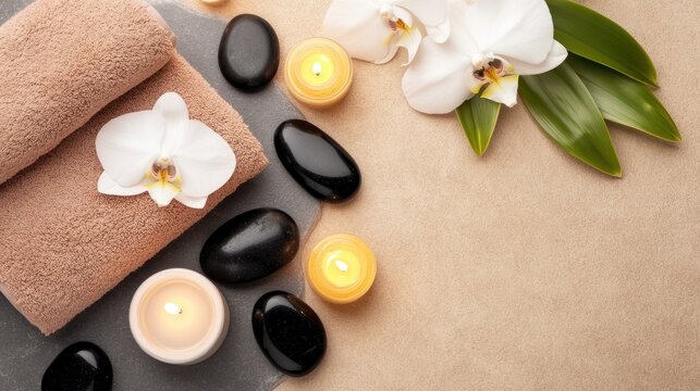 Indulge in tranquility with spa essentials featuring orchid blooms and soothing stones on a serene gray backdrop