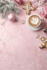 Festive composition of Christmas decorations, coffee and gingerbreads on a marble table with pink background and empty space for text, perfect for holiday projects.