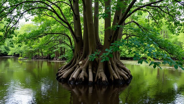 Tupelo tree in wetland with mirrored leaves and flared trunk