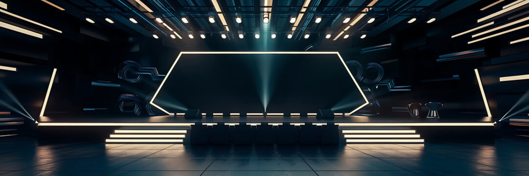 Futuristic stage with neon lights and black background  perfect for a modern event or product launch   