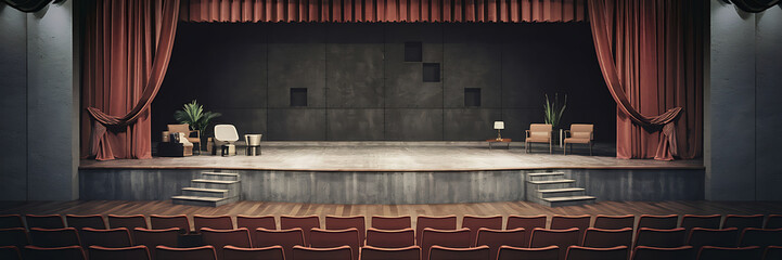 Red velvet curtains and a rustic stage  anticipation and excitement  vintage theatre performance   