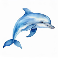 Fototapeta premium Watercolor illustration of cute blue dolphin. Adorable sea animal. Marine creature. Hand drawn art