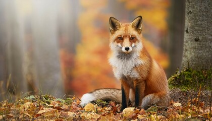 beautiful red fox sitting in autumn forest