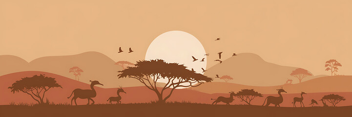 Naklejka premium Silhouettes of animals and trees against a sunset sky brown and orange hues peaceful African landscape wildlife and nature 