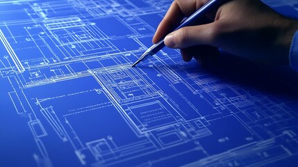 Engineerâ€™s hand interacting with a virtual growth chart on a blueprint background