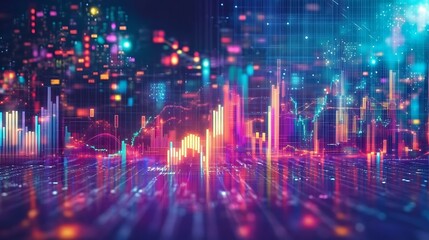 Obraz premium Futuristic blueprint background with business growth symbols and rising bar graphs