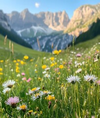 Obraz premium A field of wildflowers in full bloom in the foreground with a mountain range in the background.