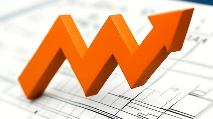 Transparent growth graph with blueprint markings, surrounded by digital technology symbols