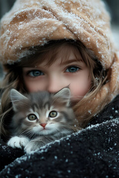 a girl with a kitten in a winter hat outside