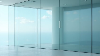 Fototapeta premium Modern glass wall reflecting soft blue sky and clouds creating a serene atmosphere