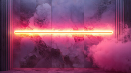 A vibrant neon light cutting through mist in an abstract indoor space illuminated by colorful hues