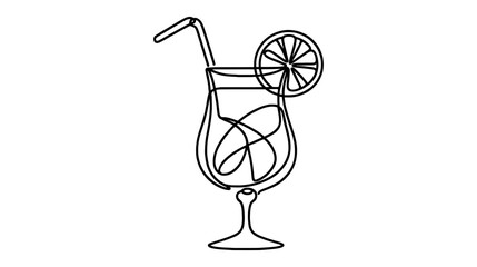 One continuous line illustration of a cocktail with a lemon slice, isolated on white background.