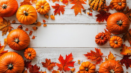 Obraz premium Autumn Harvest Pumpkins Fall Leaves and White Wood Background