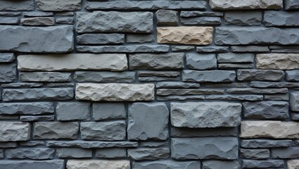 Stone veneer wall with stacked slate stones in shades of gray and black natural layered look