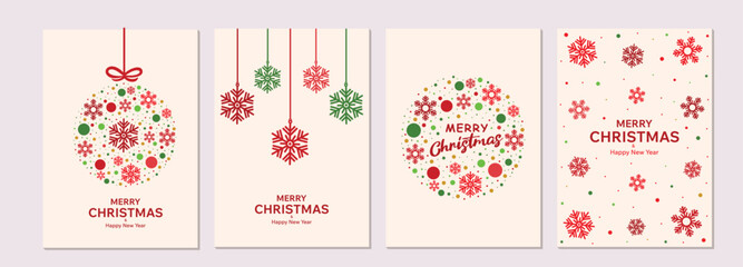 A set of four minimalist Christmas card designs featuring snowflakes, ornaments, and festive typography perfect for creating personalized holiday greetings.