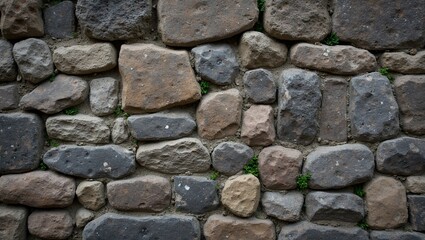 Fototapeta premium Rustic stone wall with rough fieldstones in shades of gray and brown adorned with small green plants
