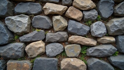 Rustic stone wall with rough fieldstones in shades of gray and brown adorned with small green plants