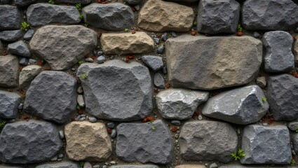 Rustic stone wall with rough fieldstones in shades of gray and brown adorned with small green plants