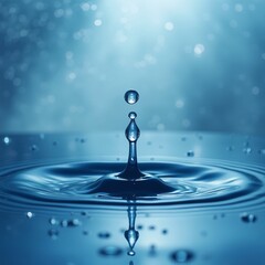 A serene blue abstract scene of water droplets splashing and falling, capturing the motion of nature's refreshing moments